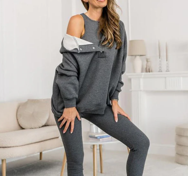 Tenue 3 pièces femme : pull à capuche, gilet slim et pantalon pour un style sportif et décontracté - 2024