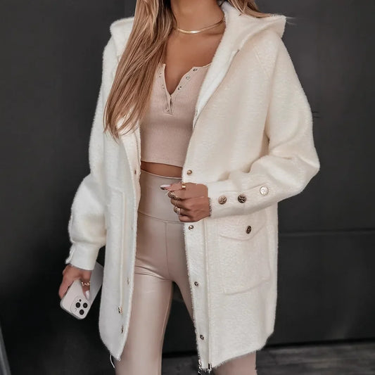 Women Autumn Winter Plush Button Zipper Long Sleeve Coat Jacket Pockets Hooded Solid Color Outwear